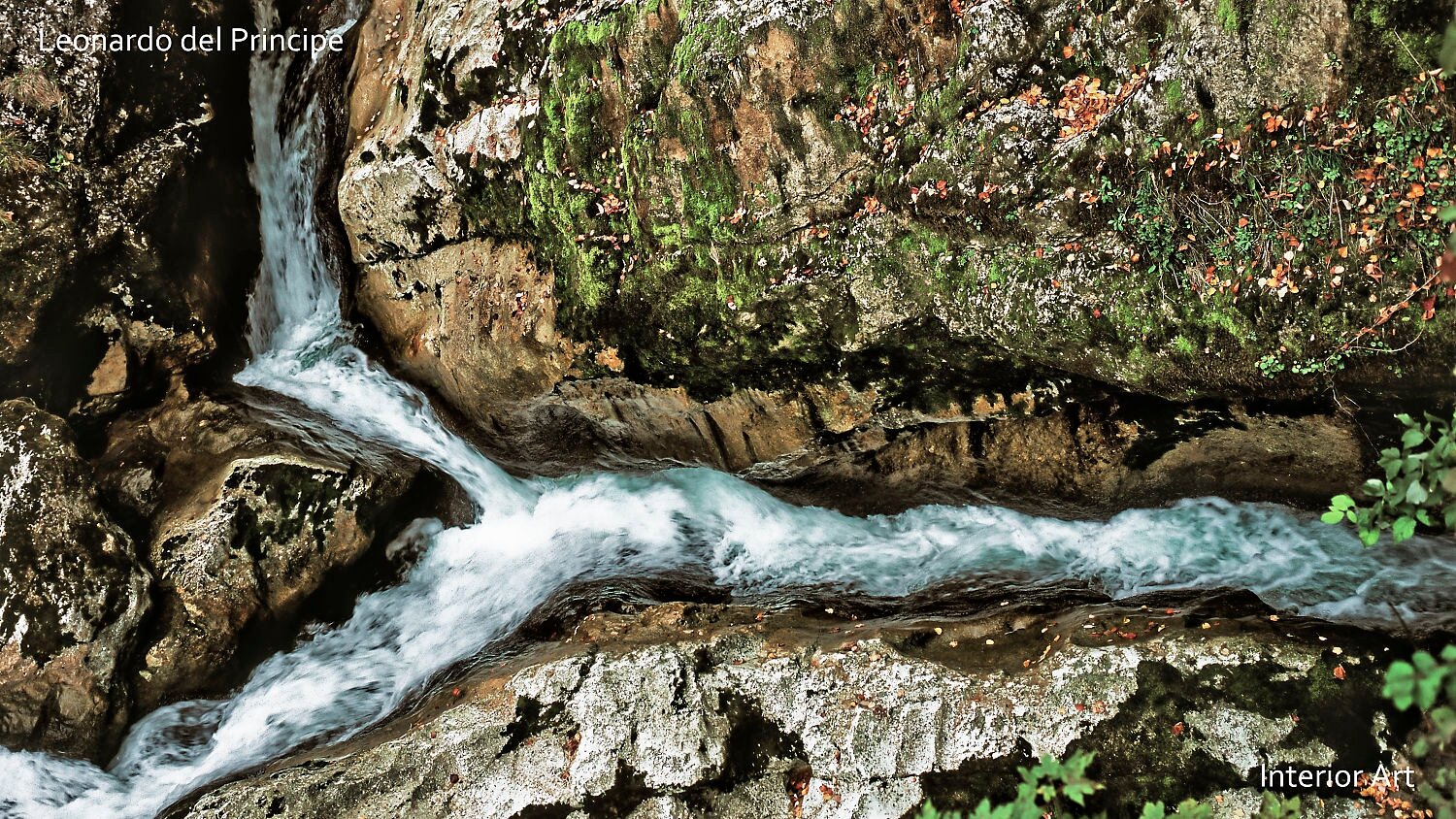 SINK04 Aerial view of a sinking river flowing between moss-covered rocks and autumn leaves, conveying a natural, serene forest ambiance.