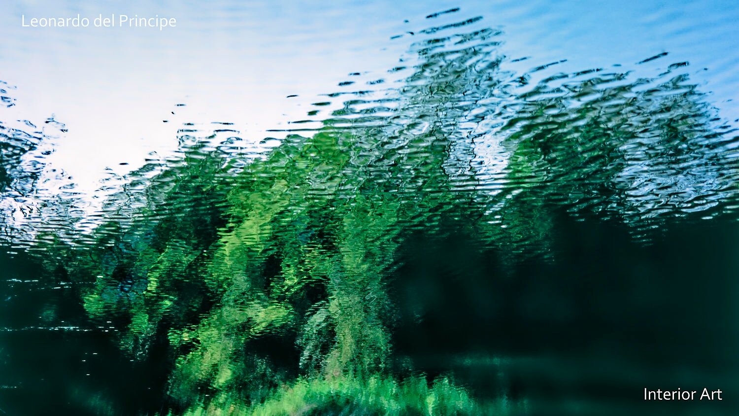 IMRE04 Abstract film-photography of lush green trees reflecting in rippling water against a clear blue sky, creating an impressionist style.