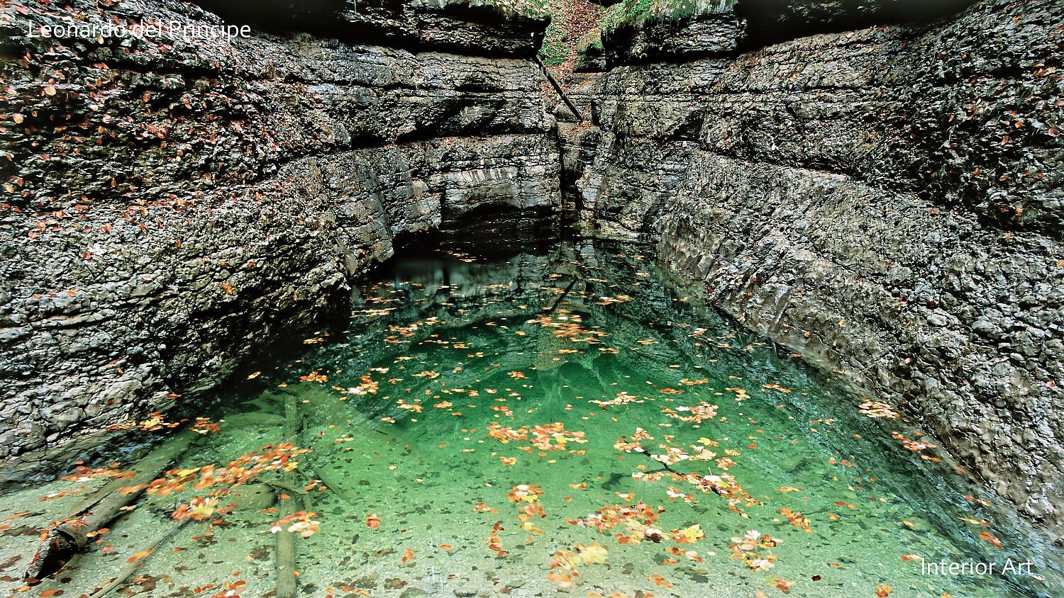 VOHI03 Rocky cliff face with layers of textured stone, partially reflected in the clear, calm water below. Leaves float on the surface, creating a serene, natural...