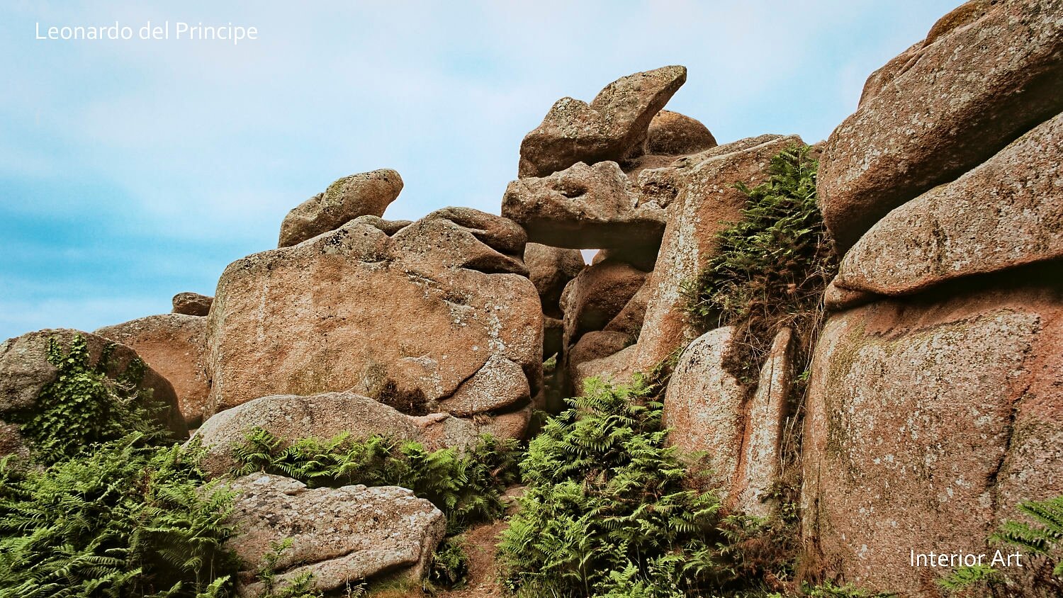 GOGR04 Granite rock formation with large boulders stacked against a blue sky. Green ferns grow between the rocks, creating a natural and spectacular scene.