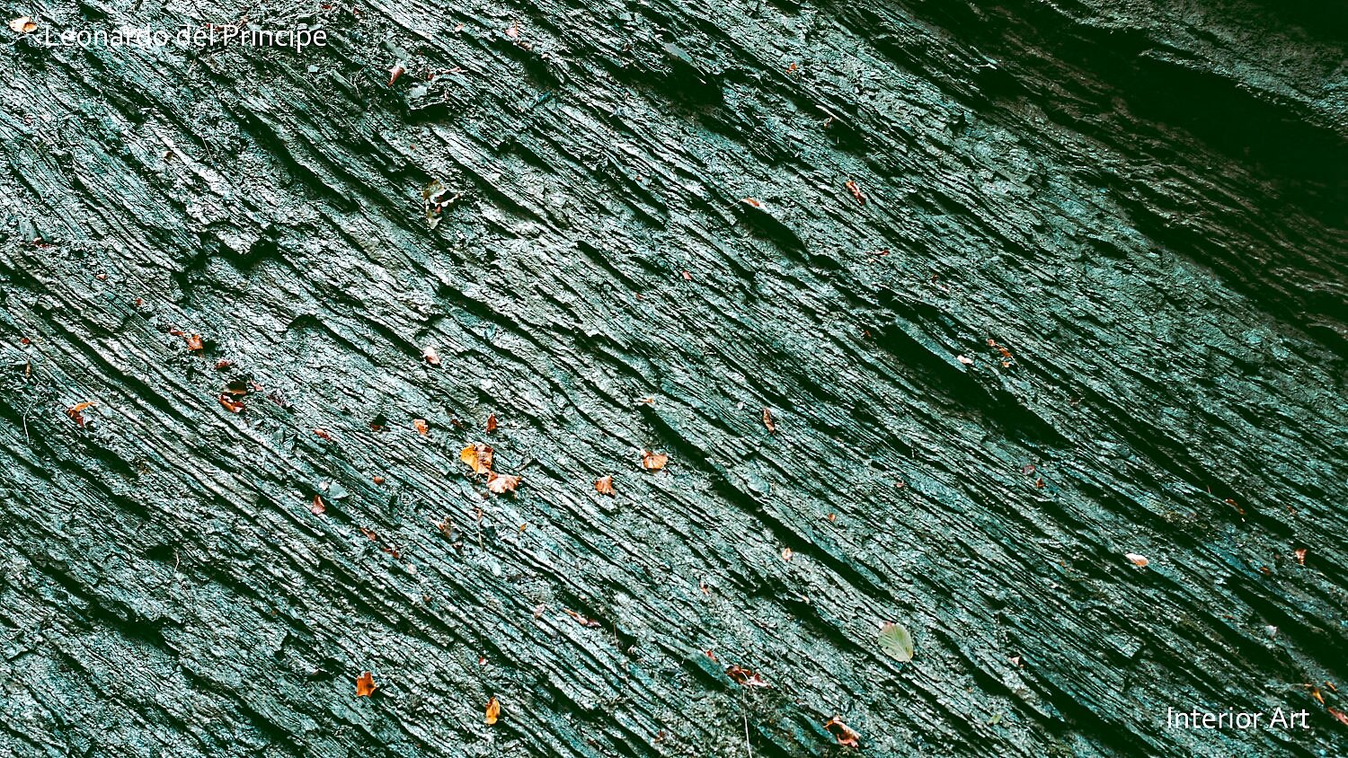 RIMOa01 Textured green rock, covered in moss, with striations in teal and brown, scattered with small autumn leaves. The surface conveys a rustic, natural ambiance