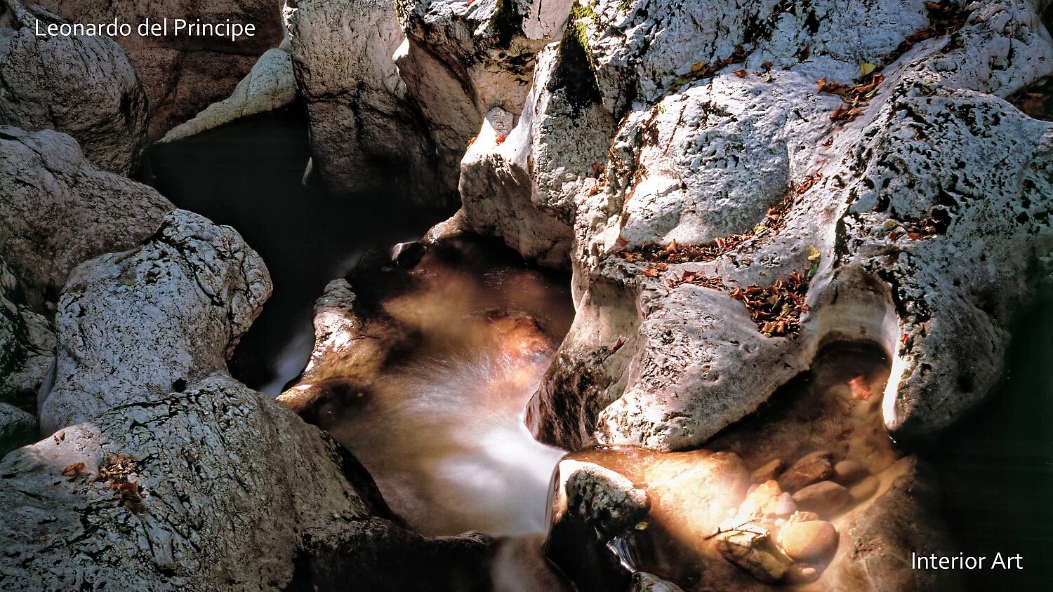 RIMOa04 Rocky creek with smooth, flowing water between textured gray stones and scattered leaves. The scene is serene and natural, evoking tranquility.